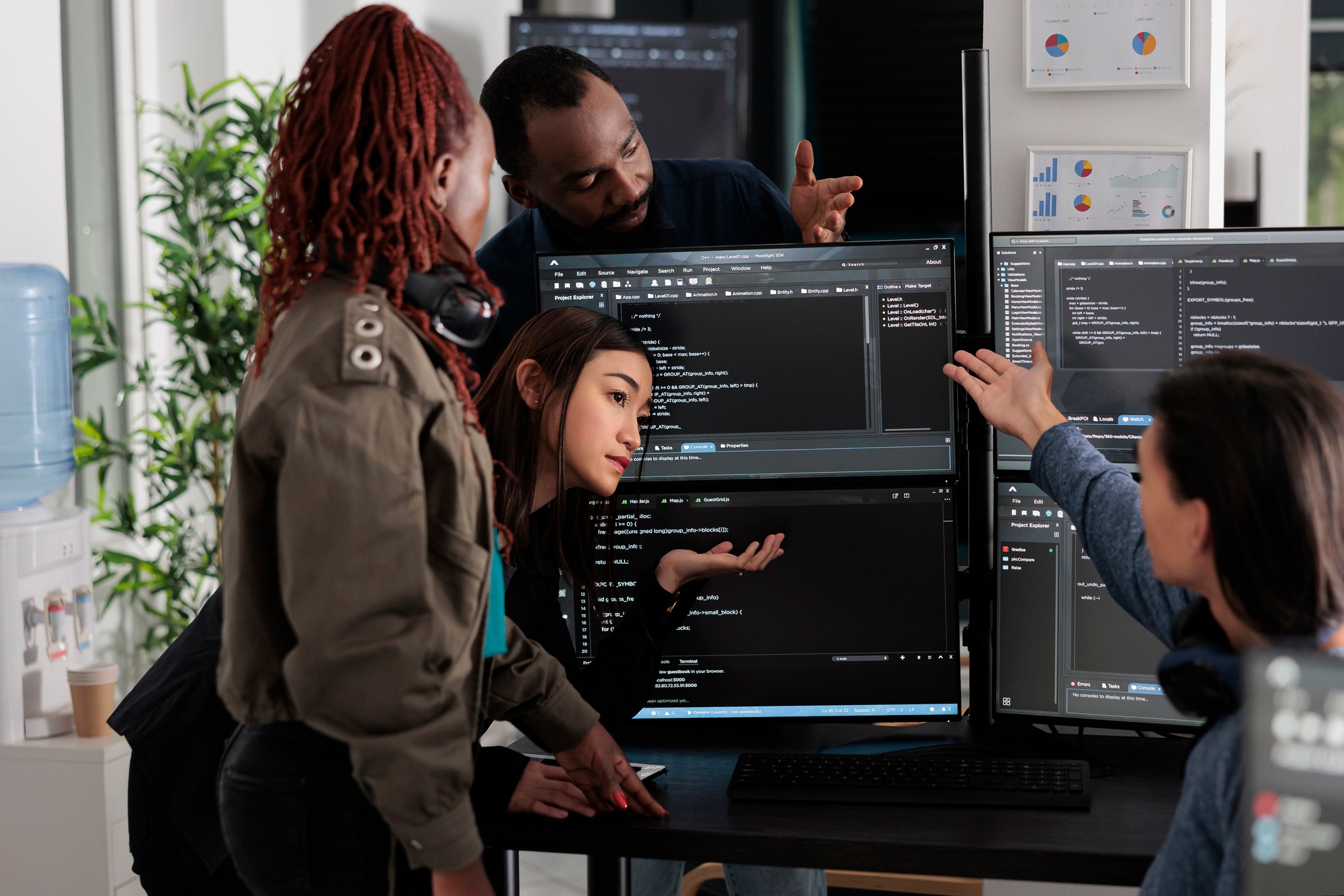 Software programmers analyzing html code and database